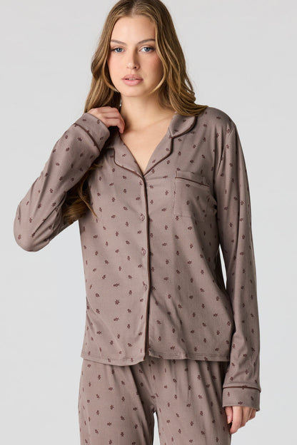Soft Ribbed Button-Up Top & Pant Pajama Set