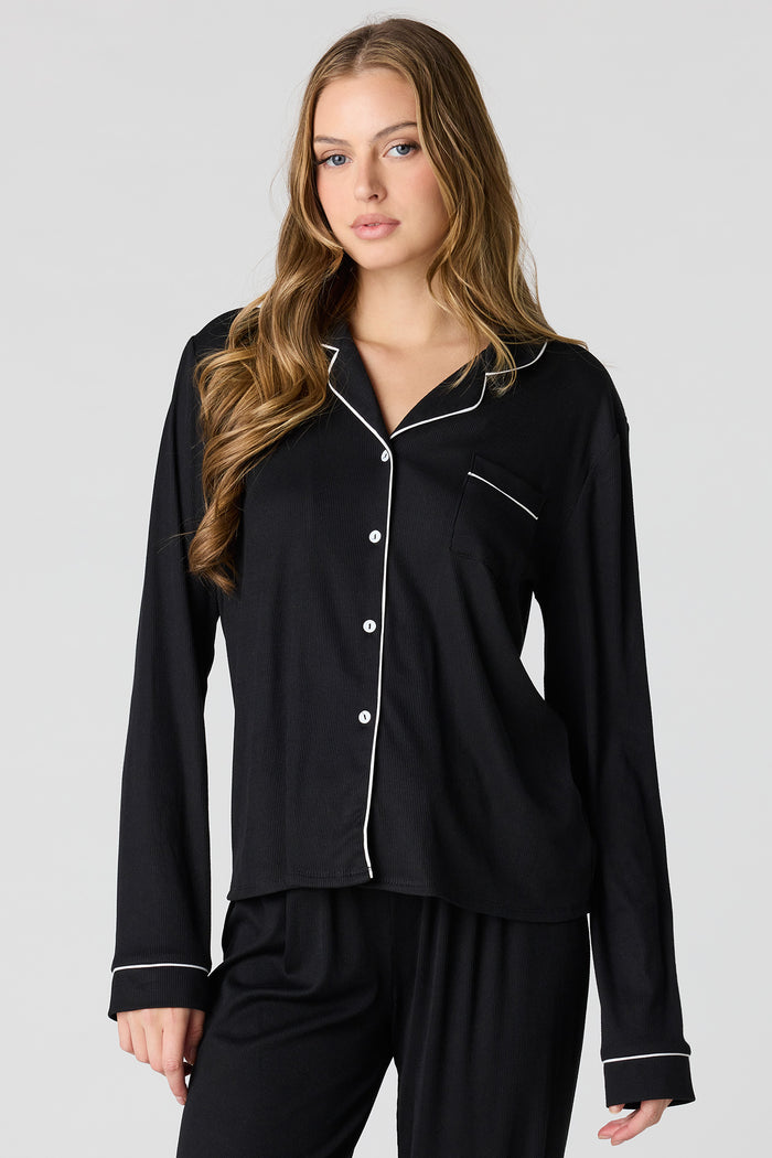 Soft Ribbed Button-Up Top & Pant Pajama Set
