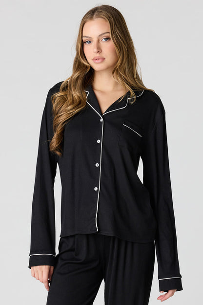 Soft Ribbed Button-Up Top & Pant Pajama Set