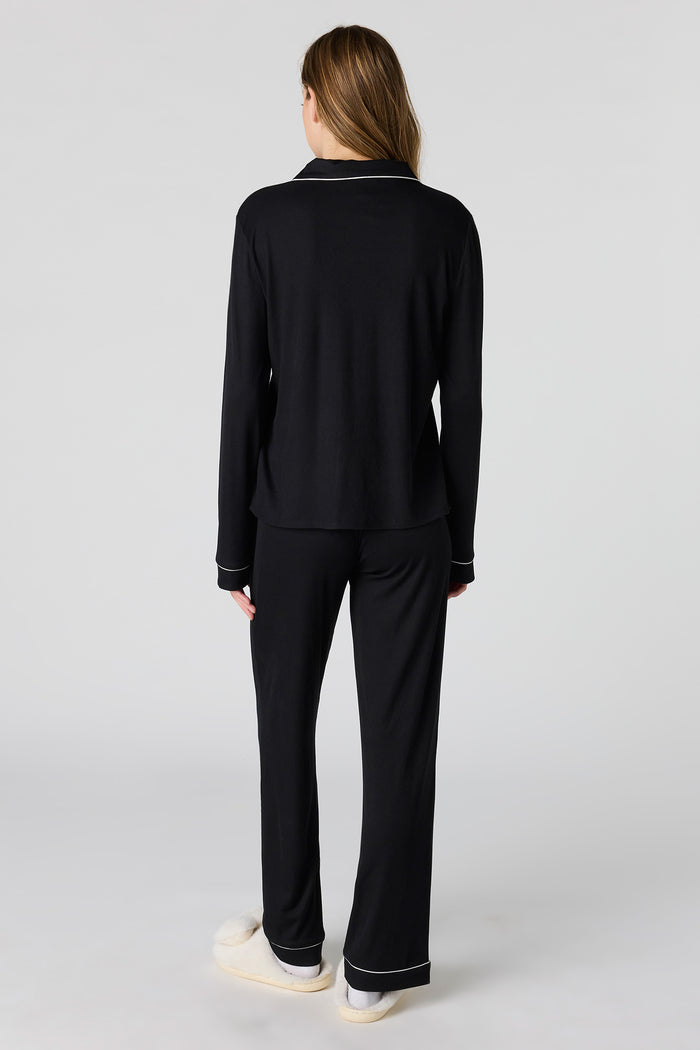 Soft Ribbed Button-Up Top & Pant Pajama Set