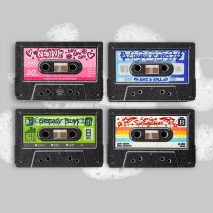 Set of four cassette-shaped sponges from Fred & Friends, colorful kitchen cleaning sponges in retro cassette tape design