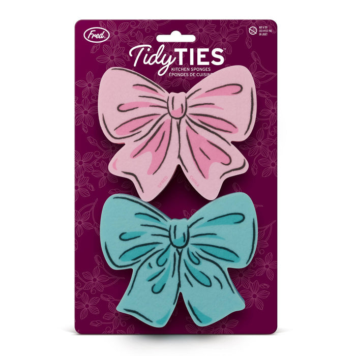 Set of two TIDY TIES Coquette Bow Sponges by Fred & Friends, featuring playful bow designs for kitchen cleaning.
