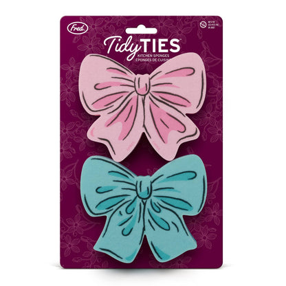 Set of two TIDY TIES Coquette Bow Sponges by Fred & Friends, featuring playful bow designs for kitchen cleaning.