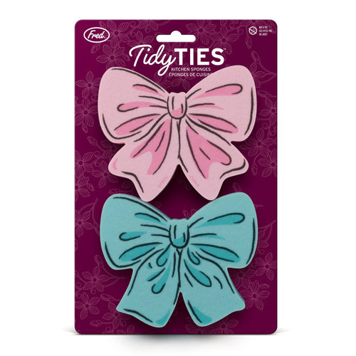 Set of two TIDY TIES Coquette Bow Sponges by Fred & Friends, featuring playful bow designs for kitchen cleaning.