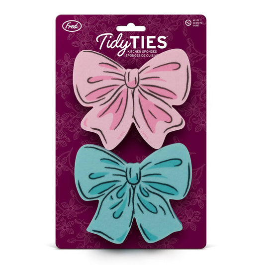 Set of two TIDY TIES Coquette Bow Sponges by Fred & Friends, featuring playful bow designs for kitchen cleaning.