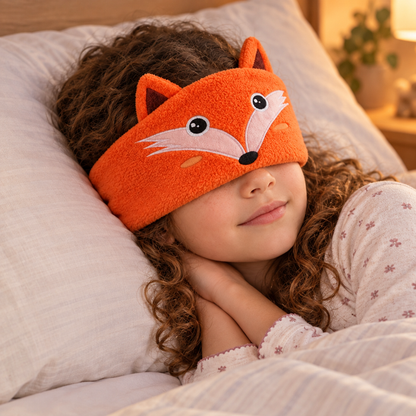 Child resting on a pillow wearing the orange Sound Buddies fox headband over their eyes as a sleep mask