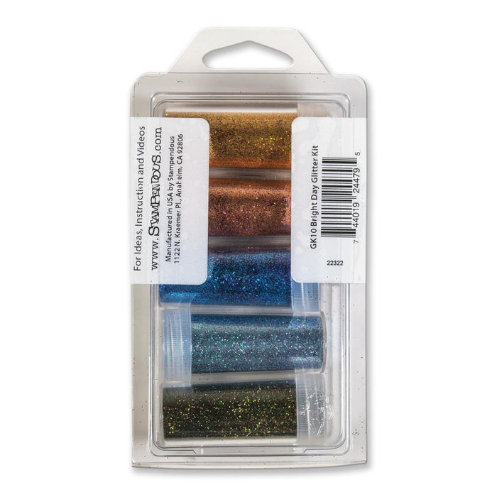 Stampendous - FranTastic Ultra Fine Glitter Kit - Bright Day. This kit contains 5 colors from Fran's new Frantastic mixes of our jewel, ultra fine glitters. One bottle each of Pink Shimmer, Lilac Shimmer, Vivid Violet, Kiwi and Vivid Blue. Available at Embellish Away located in Bowmanville Ontario Canada.
