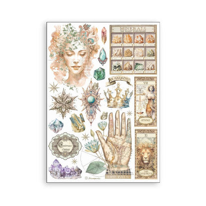 Stamperia - A5 Washi Pad - 8/Pkg - Fortune. The washi album is printed on 8 sheets of translucent washi paper, which is easy to cut. It works best on light surfaces. Available at embellish Away located in Bowmanville Ontario Canada.