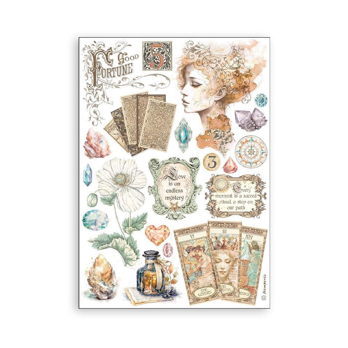 Stamperia - A5 Washi Pad - 8/Pkg - Fortune. The washi album is printed on 8 sheets of translucent washi paper, which is easy to cut. It works best on light surfaces. Available at embellish Away located in Bowmanville Ontario Canada.