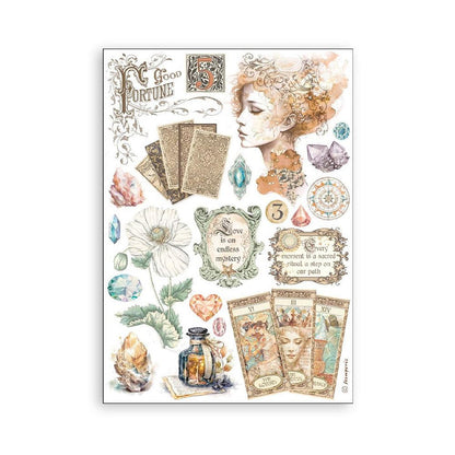 Stamperia - A5 Washi Pad - 8/Pkg - Fortune. The washi album is printed on 8 sheets of translucent washi paper, which is easy to cut. It works best on light surfaces. Available at embellish Away located in Bowmanville Ontario Canada.