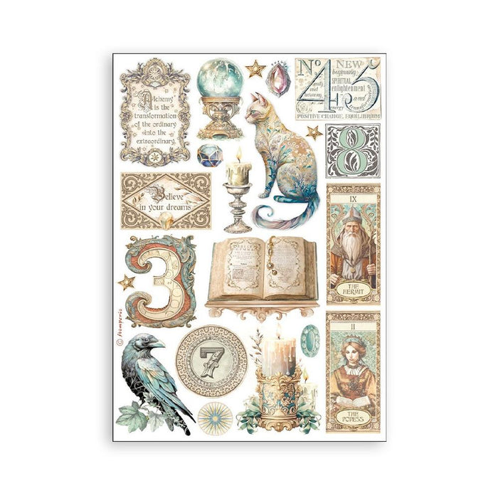 Stamperia - A5 Washi Pad - 8/Pkg - Fortune. The washi album is printed on 8 sheets of translucent washi paper, which is easy to cut. It works best on light surfaces. Available at embellish Away located in Bowmanville Ontario Canada.