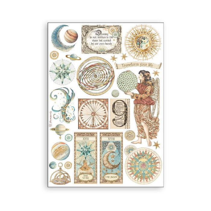 Stamperia - A5 Washi Pad - 8/Pkg - Fortune. The washi album is printed on 8 sheets of translucent washi paper, which is easy to cut. It works best on light surfaces. Available at embellish Away located in Bowmanville Ontario Canada.