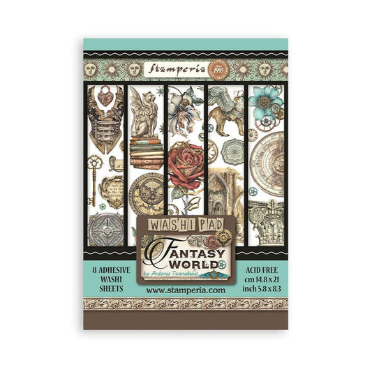 Stamperia - A5 Washi Pad - 8/Pkg - Sir Vagabond In Fantasy World. The washi album is printed on 8 sheets of translucent washi paper, which is easy to cut. It works best on light surfaces. Available at Embellish Away located in Bowmanville Ontario Canada.