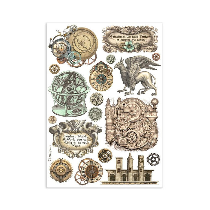 Stamperia - A5 Washi Pad - 8/Pkg - Sir Vagabond In Fantasy World. The washi album is printed on 8 sheets of translucent washi paper, which is easy to cut. It works best on light surfaces. Available at Embellish Away located in Bowmanville Ontario Canada.