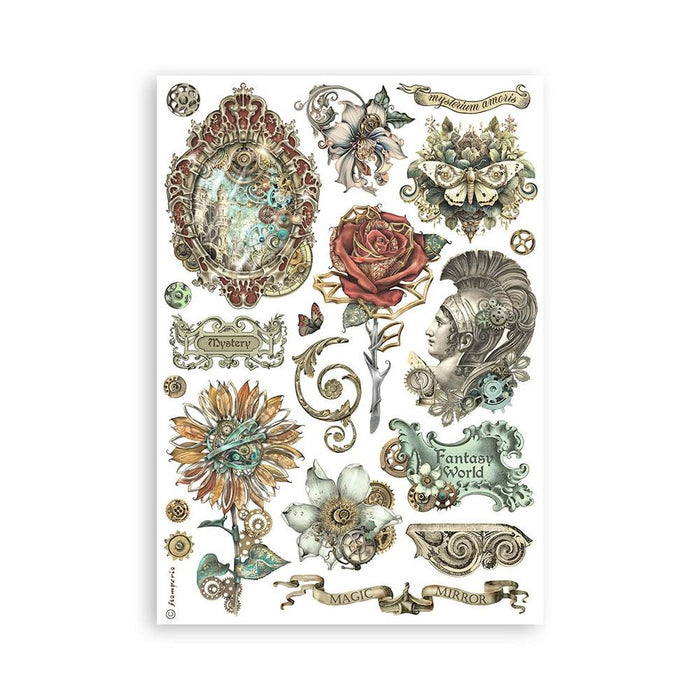 Stamperia - A5 Washi Pad - 8/Pkg - Sir Vagabond In Fantasy World. The washi album is printed on 8 sheets of translucent washi paper, which is easy to cut. It works best on light surfaces. Available at Embellish Away located in Bowmanville Ontario Canada.