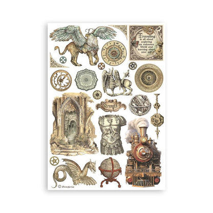 Stamperia - A5 Washi Pad - 8/Pkg - Sir Vagabond In Fantasy World. The washi album is printed on 8 sheets of translucent washi paper, which is easy to cut. It works best on light surfaces. Available at Embellish Away located in Bowmanville Ontario Canada.
