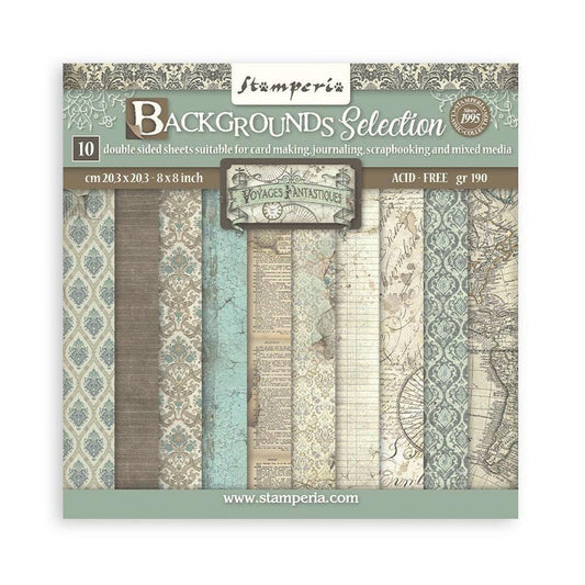 Stamperia - Backgrounds Double-Sided Paper Pad 8"X8" - 10/Pkg - Sir Vagabond Voyages Fantastiques. The perfect start to your scrapbooks, cards and more! Available at Embellish Away located in Bowmanville Ontario Canada.