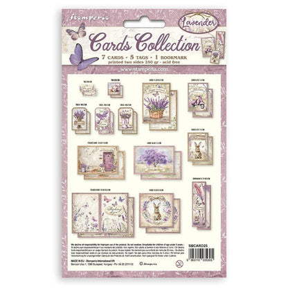 Stamperia - Cards Collection - Lavender. A beautiful card collection in a coordinating theme from Stamperia. Available in a variety of themes, each sold separately. This package contains seven cards, five tags, and one bookmark. Available at Embellish Away located in Bowmanville Ontario Canada.