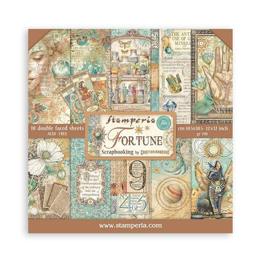Stamperia - Double-Sided Paper Pad 12"X12" - 10/Pkg - Fortune. Start your paper craft projects with the perfect papers. Ideal for scrapbook pages, greeting cards and more! Acid free. Package contains ten double-sided 12x12 inch sheets (20 designs total). Available at embellish Away located in Bowmanville Ontario Canada