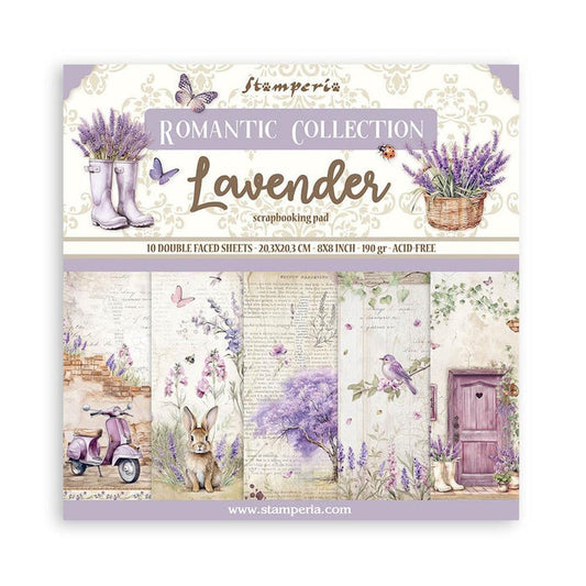 Stamperia - Double-Sided Paper Pad 8"X8" - 10/Pkg - Lavender, 10 Designs/1 Each.  Available in a variety of designs, each sold separately. Contains ten 8x8 inch sheets of double-sided paper, each with a different design. Acid free. Available at Embellish Away located in Bowmanville Ontario Canada.