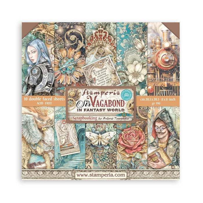 Stamperia - Double-Sided Paper Pad 8"X8" - 10/Pkg - Sir Vagabond In Fantasy World. The perfect start to your scrapbooks, cards and more! This package contains ten 8x8 inch double-sided sheets with a different design on each side. Available at Embellish Away located in Bowmanville Ontario Canada.