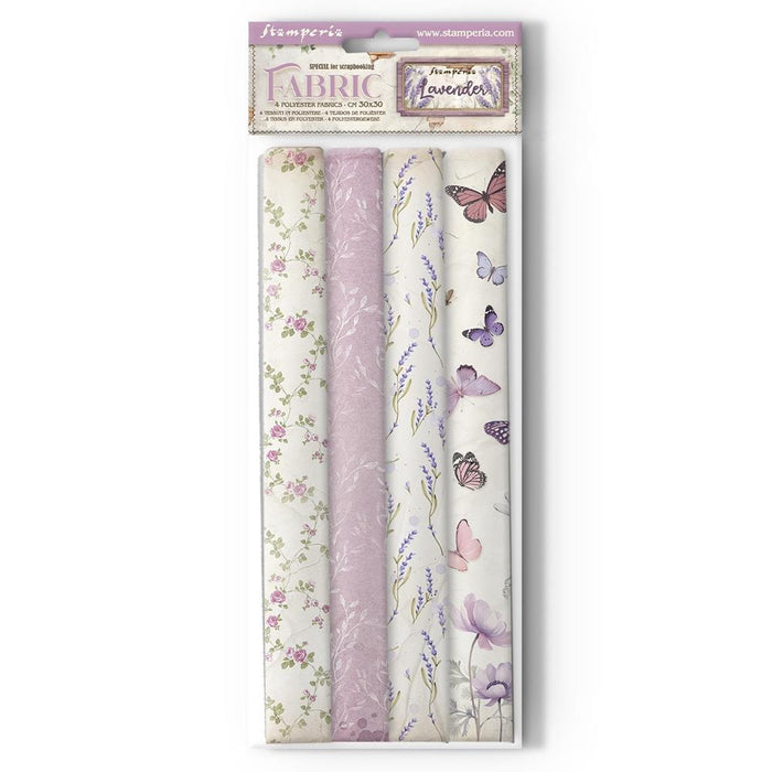 Stamperia - Polyester Fabric 12"X12" - 4/Pkg - Lavender. This fabric can be sewn by hand or machine, or used with craft glue. It can be washed by hand in cold water. Ready to use on greeting cards, mixed media, altered art and more. Available at Embellish Away located in Bowmanville Ontario Canada.