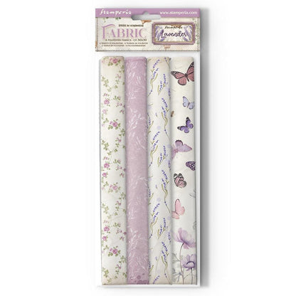 Stamperia - Polyester Fabric 12"X12" - 4/Pkg - Lavender. This fabric can be sewn by hand or machine, or used with craft glue. It can be washed by hand in cold water. Ready to use on greeting cards, mixed media, altered art and more. Available at Embellish Away located in Bowmanville Ontario Canada.