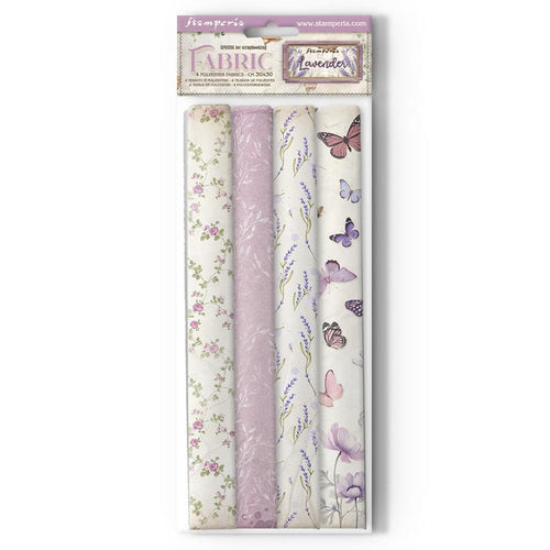 Stamperia - Polyester Fabric 12"X12" - 4/Pkg - Lavender. This fabric can be sewn by hand or machine, or used with craft glue. It can be washed by hand in cold water. Ready to use on greeting cards, mixed media, altered art and more. Available at Embellish Away located in Bowmanville Ontario Canada.