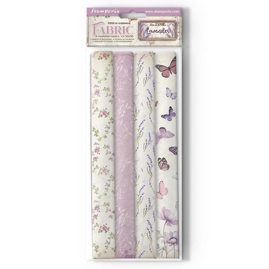 Stamperia - Polyester Fabric 12"X12" - 4/Pkg - Lavender. This fabric can be sewn by hand or machine, or used with craft glue. It can be washed by hand in cold water. Ready to use on greeting cards, mixed media, altered art and more. Available at Embellish Away located in Bowmanville Ontario Canada.