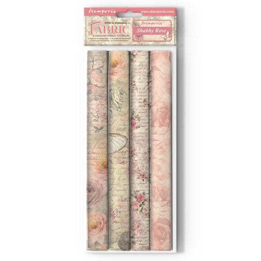 Stamperia - Polyester Fabric 12"X12" - 4/Pkg - Shabby Rose. This fabric can be sewn by hand or machine, or used with craft glue. It can be washed by hand in cold water. Ready to use on greeting cards, mixed media, altered art and more. Available at Embellish Away located in Bowmanville Ontario Canada.