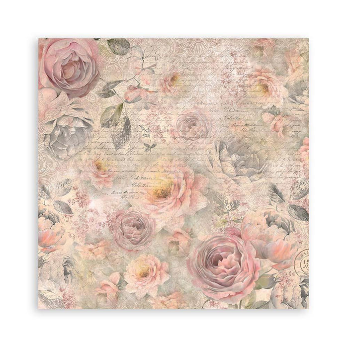 Stamperia - Polyester Fabric 12"X12" - 4/Pkg - Shabby Rose. This fabric can be sewn by hand or machine, or used with craft glue. It can be washed by hand in cold water. Ready to use on greeting cards, mixed media, altered art and more. Available at Embellish Away located in Bowmanville Ontario Canada.