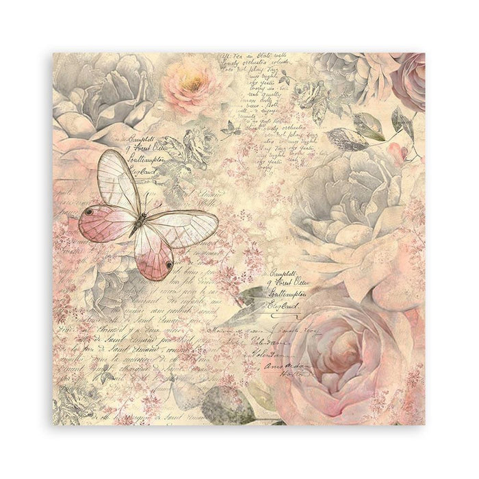 Stamperia - Polyester Fabric 12"X12" - 4/Pkg - Shabby Rose. This fabric can be sewn by hand or machine, or used with craft glue. It can be washed by hand in cold water. Ready to use on greeting cards, mixed media, altered art and more. Available at Embellish Away located in Bowmanville Ontario Canada.