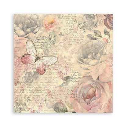 Stamperia - Polyester Fabric 12"X12" - 4/Pkg - Shabby Rose. This fabric can be sewn by hand or machine, or used with craft glue. It can be washed by hand in cold water. Ready to use on greeting cards, mixed media, altered art and more. Available at Embellish Away located in Bowmanville Ontario Canada.