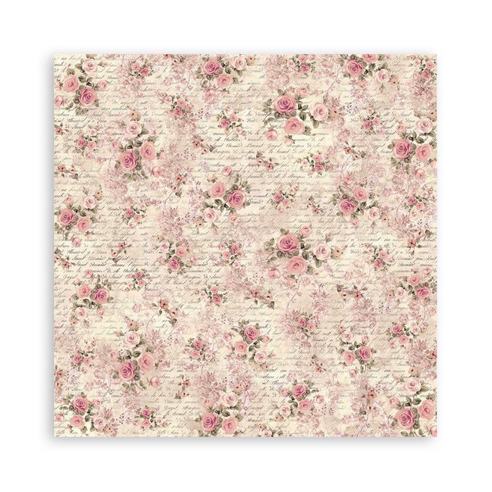 Stamperia - Polyester Fabric 12"X12" - 4/Pkg - Shabby Rose. This fabric can be sewn by hand or machine, or used with craft glue. It can be washed by hand in cold water. Ready to use on greeting cards, mixed media, altered art and more. Available at Embellish Away located in Bowmanville Ontario Canada.