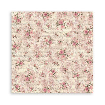 Stamperia - Polyester Fabric 12"X12" - 4/Pkg - Shabby Rose. This fabric can be sewn by hand or machine, or used with craft glue. It can be washed by hand in cold water. Ready to use on greeting cards, mixed media, altered art and more. Available at Embellish Away located in Bowmanville Ontario Canada.