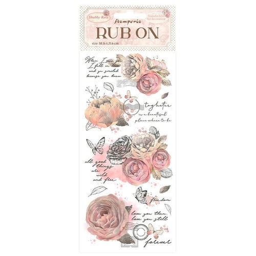 Stamperia - Rub-On 4"X8.5" - Shabby Rose. Instant beauty on virtually any surface you can imagine. These transfers are easy to use rub-on transfers that release onto a wide variety of surfaces allowing for a multitude of decor, furniture and multi-media uses. Available at Embellish Away located in Bowmanville Ontario Canada.