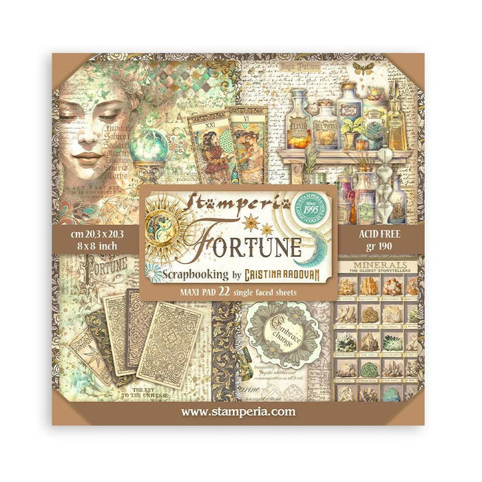 Stamperia - Single-Sided Paper Pad 8"X8" - 22/Pkg - Fortune. All you need for scrapbooking! This package contains twenty-two 8x8 inch sheets of single-sided paper, each in different designs. Acid free. Available at Embellish Away located in Bowmanville Ontario Canada.