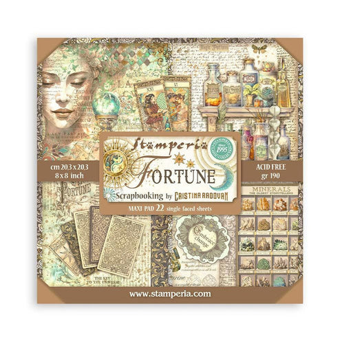 Stamperia - Single-Sided Paper Pad 8"X8" - 22/Pkg - Fortune. All you need for scrapbooking! This package contains twenty-two 8x8 inch sheets of single-sided paper, each in different designs. Acid free. Available at Embellish Away located in Bowmanville Ontario Canada.
