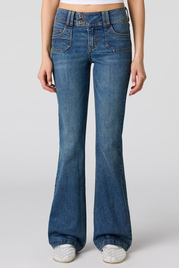 Stretch Low Rise Embellished Pocket Flare Jean