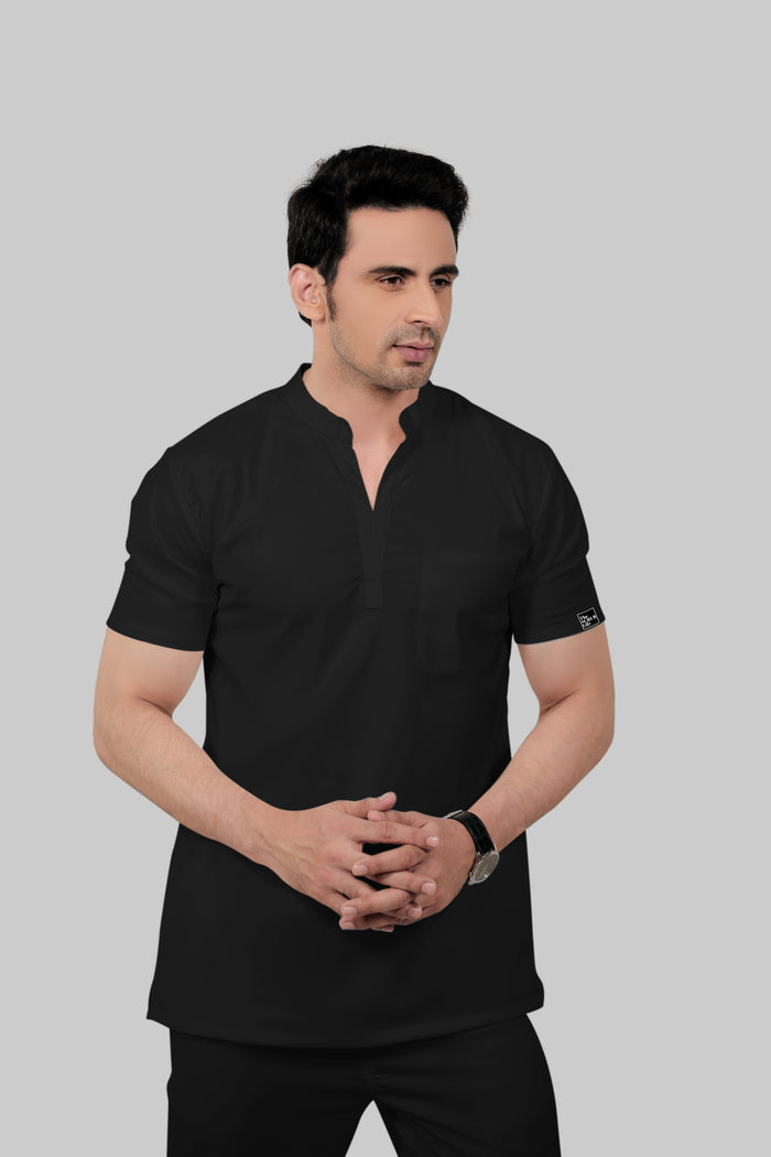 Stretchable (2Way) Men Black Mandarin Neck With Straight Pant Scrub Set