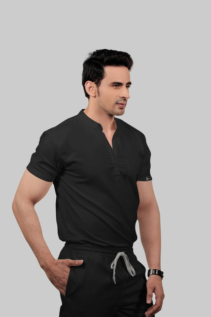 Stretchable (2Way) Men Black Mandarin Neck With Straight Pant Scrub Set