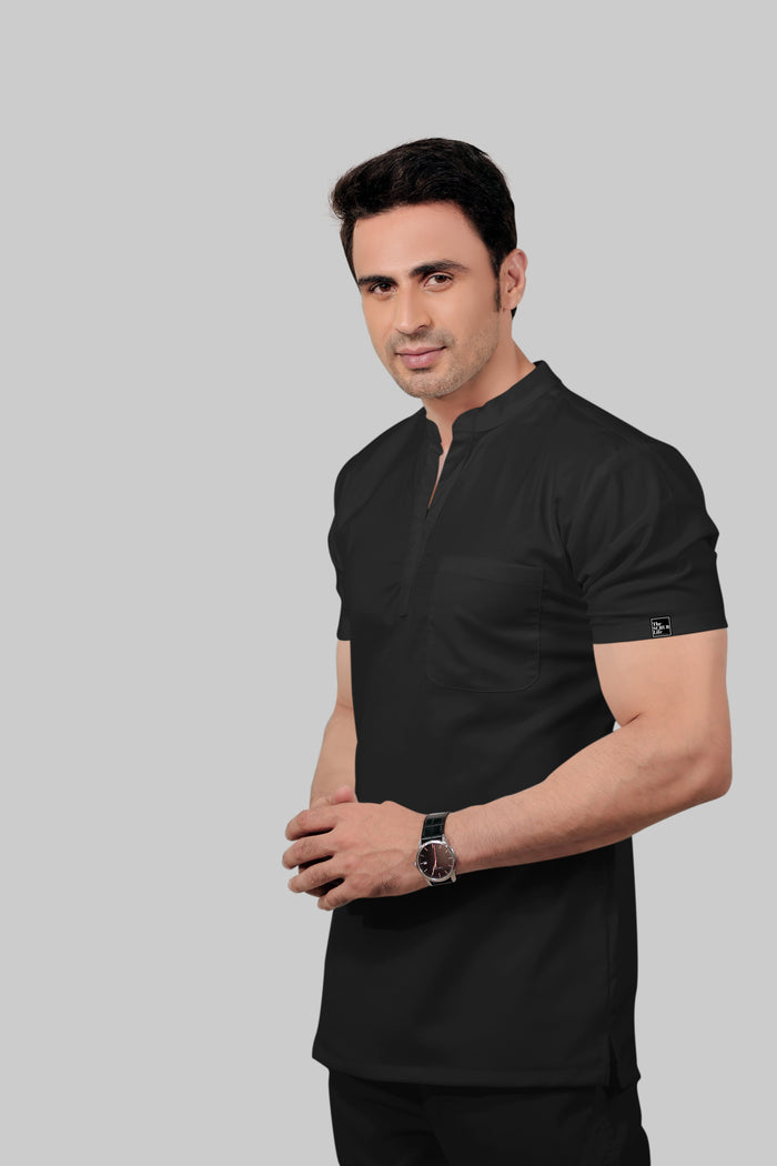 Stretchable (2Way) Men Black Mandarin Neck With Straight Pant Scrub Set