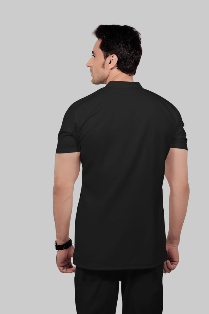 Stretchable (2Way) Men Black Mandarin Neck With Straight Pant Scrub Set