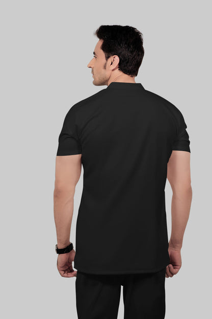 Stretchable (2Way) Men Black Mandarin Neck With Straight Pant Scrub Set