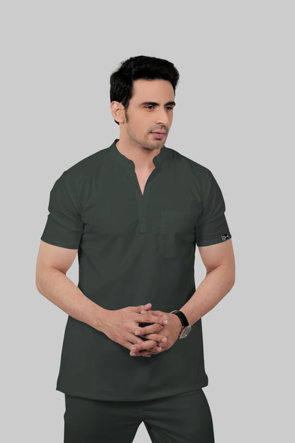 Stretchable (2Way) Men Bottle Green Mandarin With Straight Pant Scrub Set
