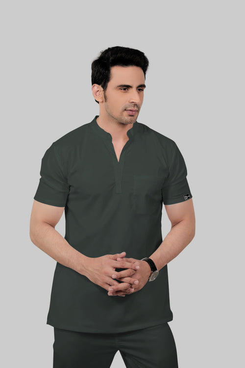 Stretchable (2Way) Men Bottle Green Mandarin With Straight Pant Scrub Set