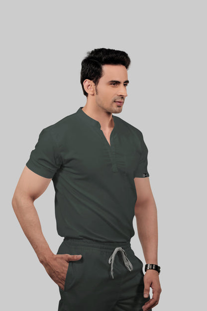 Stretchable (2Way) Men Bottle Green Mandarin With Straight Pant Scrub Set