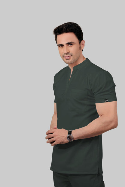 Stretchable (2Way) Men Bottle Green Mandarin With Straight Pant Scrub Set
