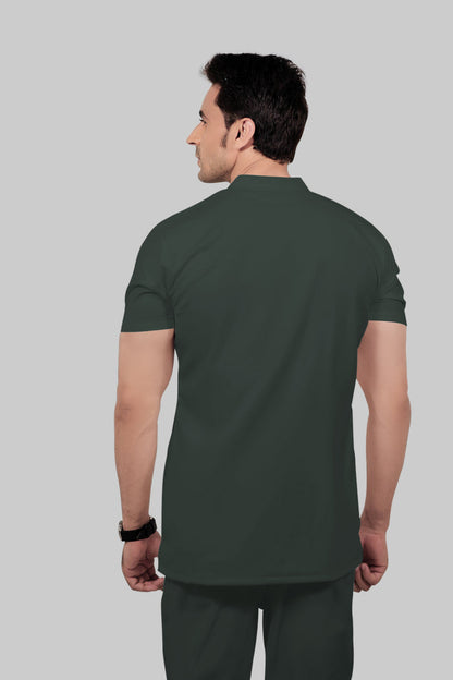 Stretchable (2Way) Men Bottle Green Mandarin With Straight Pant Scrub Set