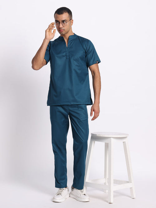 Stretchable (2Way) Men Forest Green Mandarin Neck With Straight Pant Scrub Set